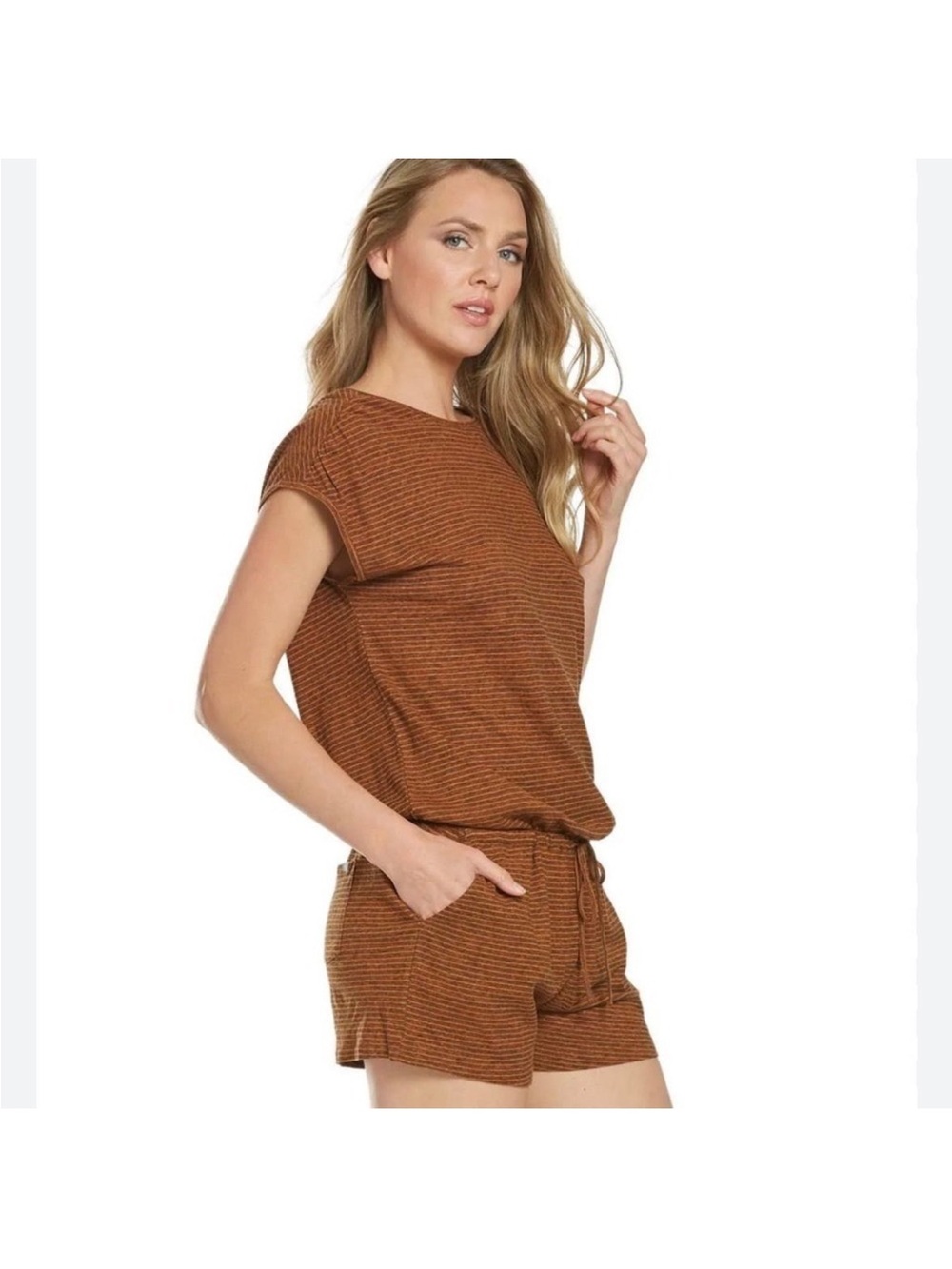 Prana Women’s Retrieve Romper Short Sleeve Drawstring Waist Striped Cotton Sz M